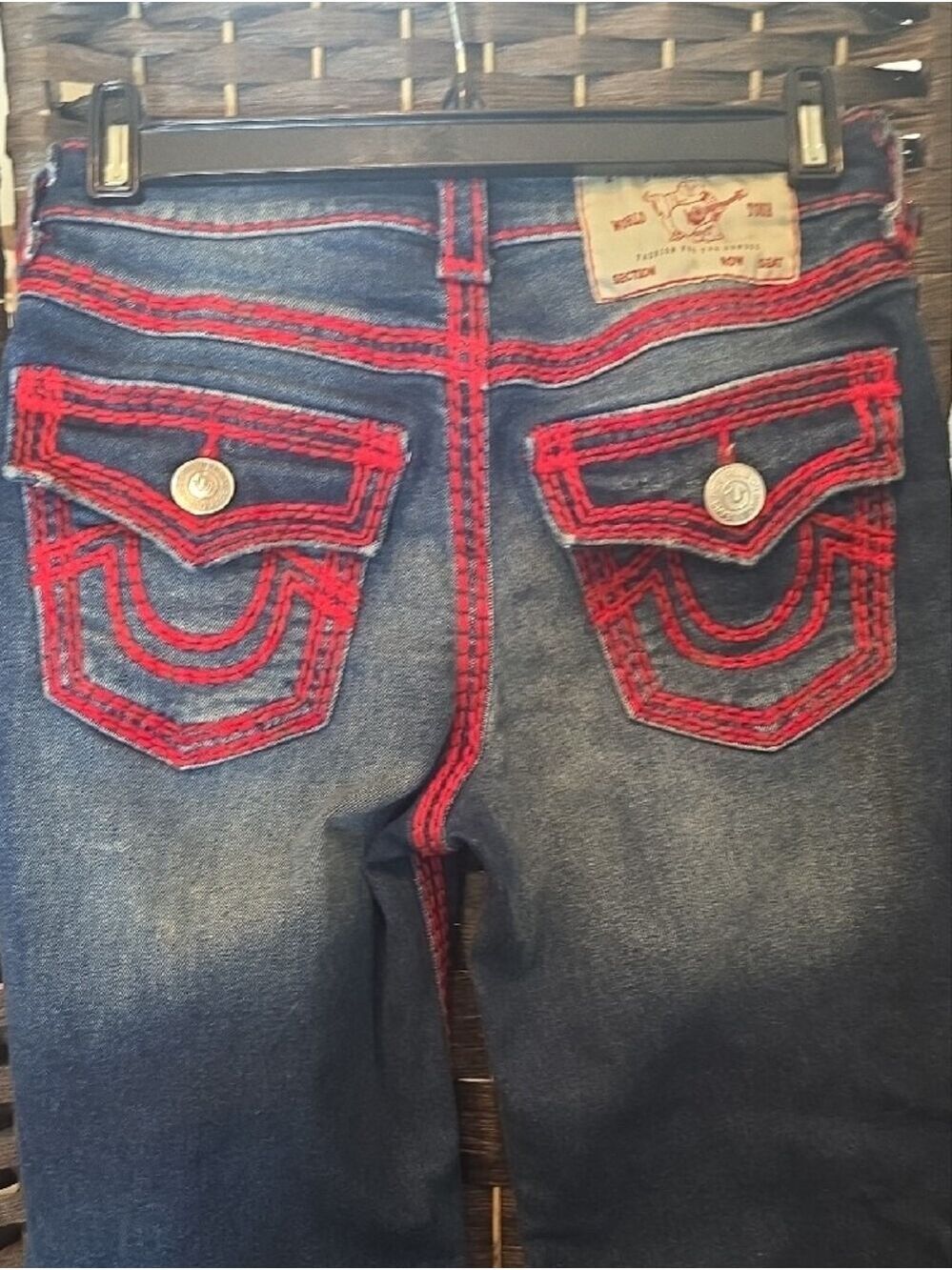 True Religion Bobbi Super Q Baggy Flap Jeans Red Stitch Low Rise Size 24 - Picture 4 of 7